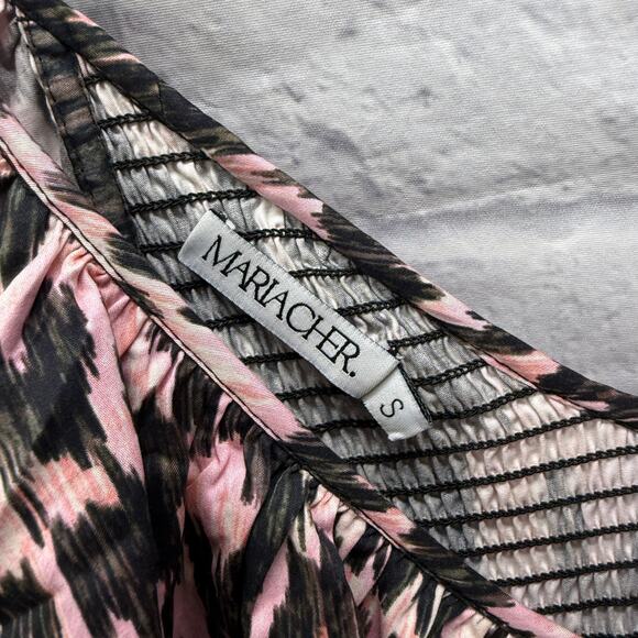 MariaCher Dabir Cotton Ruffle Trim V Neck Smocked Midi Dress Size S Pink Black - Picture 6 of 9